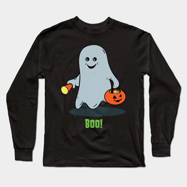 Cute Kid's - The Boo Crew - Cartoon Monsters - Trick or Treat - Gus the Ghost Long Sleeve T-Shirt by Vector Deluxe